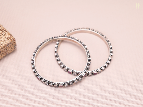 Crystal And Pink Stone Oxidized Pure Silver Bangles