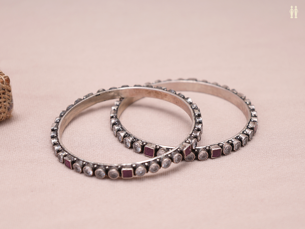 Crystal And Pink Stone Oxidized Pure Silver Bangles