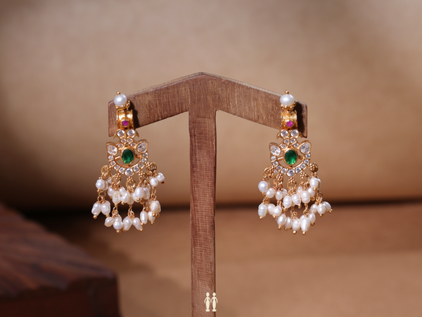 Crystal And Green Stone With Beaded Gold Plated Silver Earrings