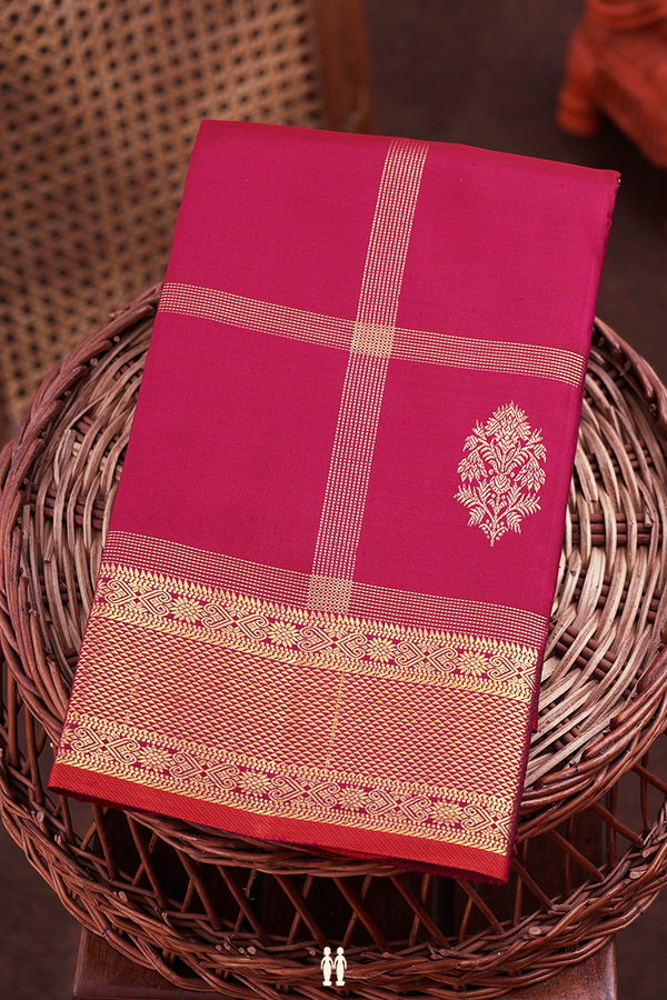 Kanchipuram Silk Saree In Hibiscus Red Along Checks With Buttas
