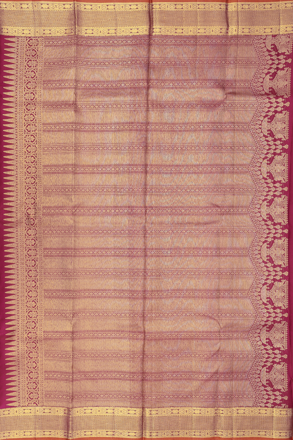 Kanchipuram Silk Saree In Hibiscus Red Along Checks With Buttas