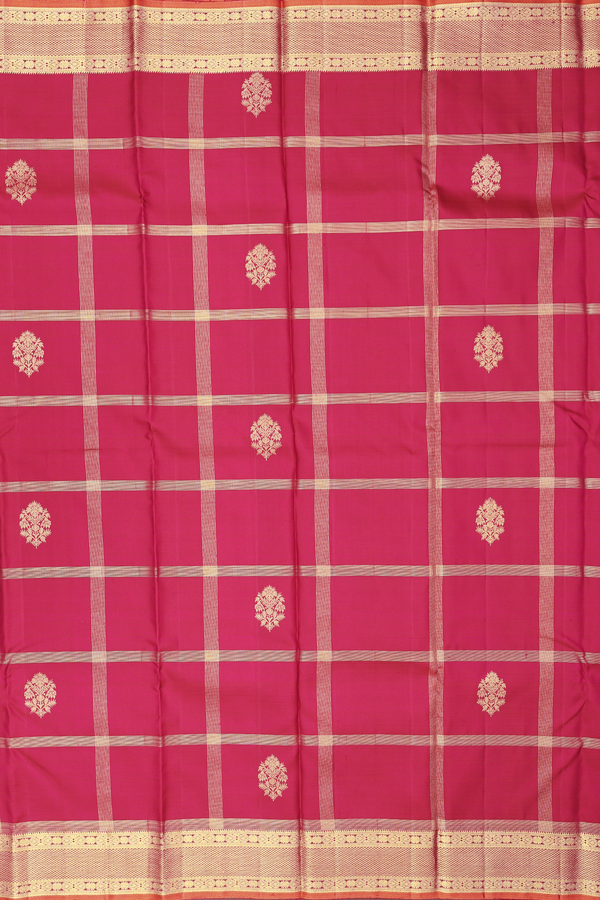 Kanchipuram Silk Saree In Hibiscus Red Along Checks With Buttas