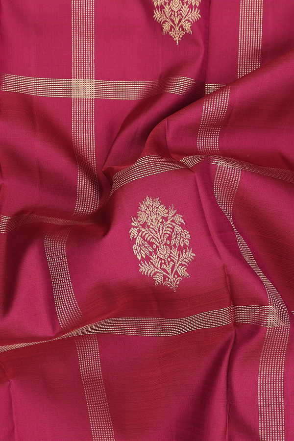 Kanchipuram Silk Saree In Hibiscus Red Along Checks With Buttas