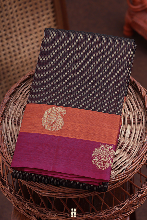 Kanchipuram Silk Saree In Dark Oak Brown With Stripes Design