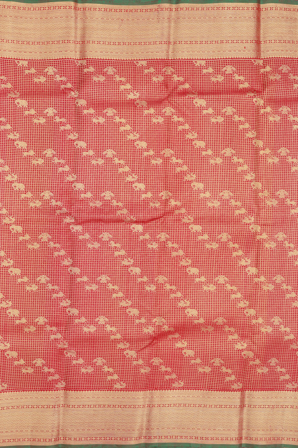 Kanchipuram Silk Saree In Red Along Checks With Buttas