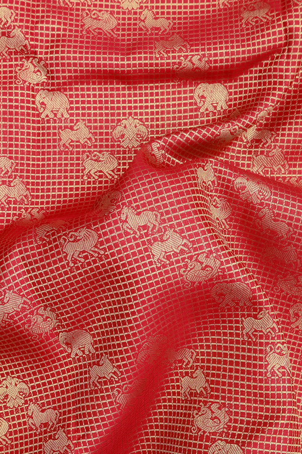 Kanchipuram Silk Saree In Red Along Checks With Buttas