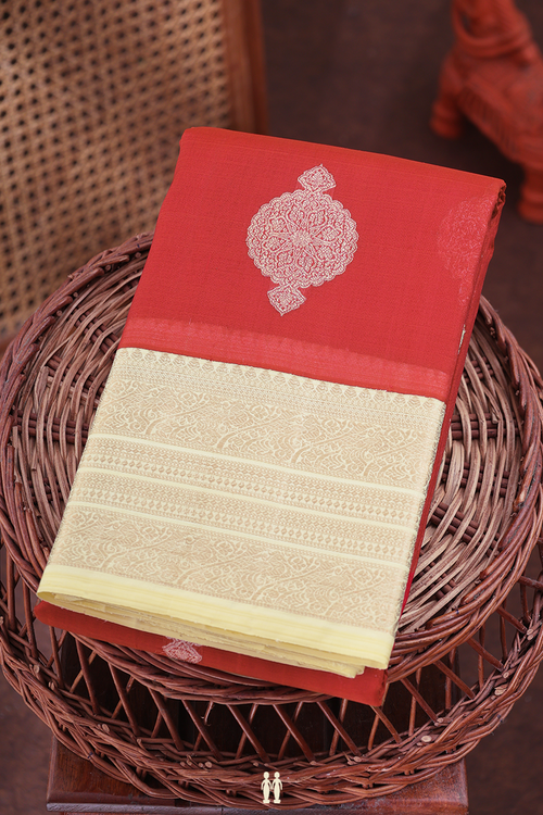 Organza Kanchipuram Silk Saree In Scarlet Red With Zari Motifs