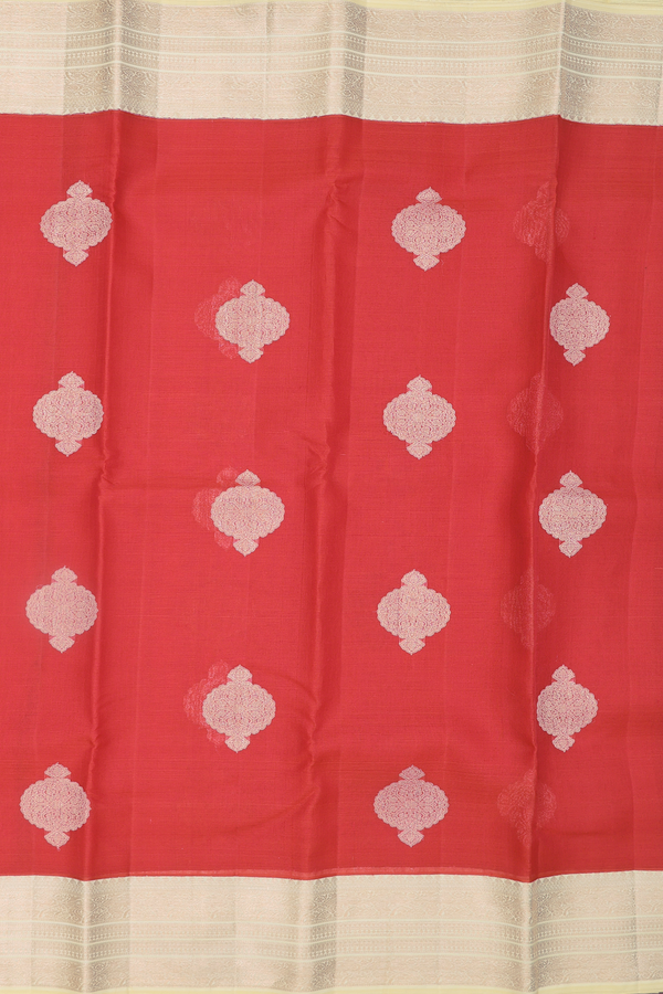 Organza Kanchipuram Silk Saree In Scarlet Red With Zari Motifs