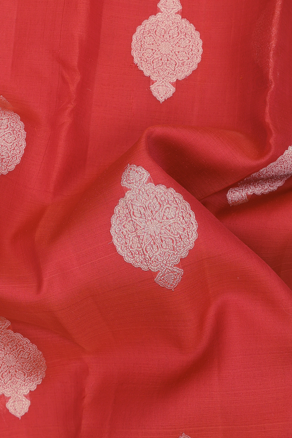 Organza Kanchipuram Silk Saree In Scarlet Red With Zari Motifs