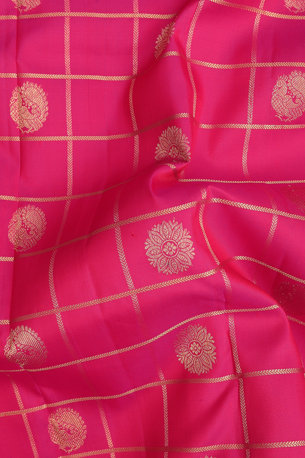 Kanchipuram Silk Saree In Rani Pink With Checks Design