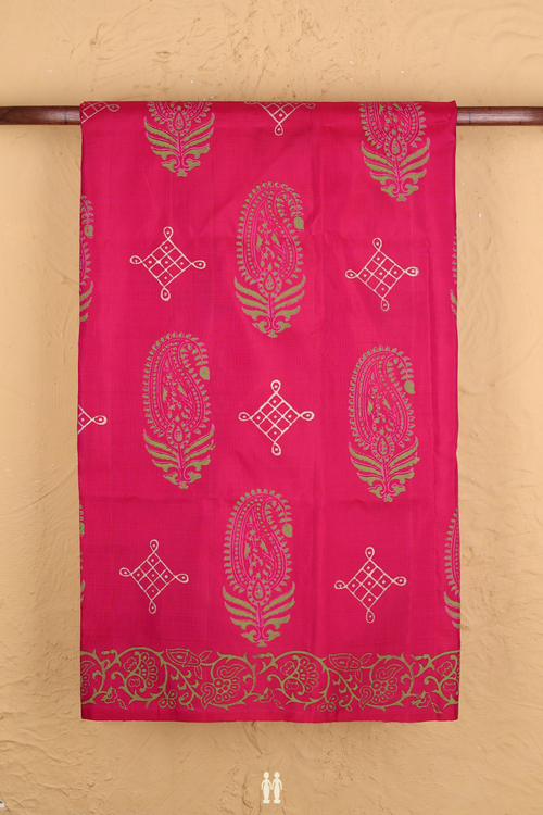 Kanchipuram Silk Saree In Rani Pink With Hand Painted Design