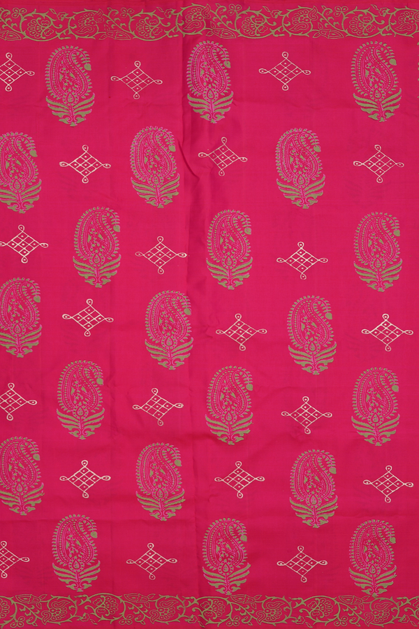 Kanchipuram Silk Saree In Rani Pink With Hand Painted Design