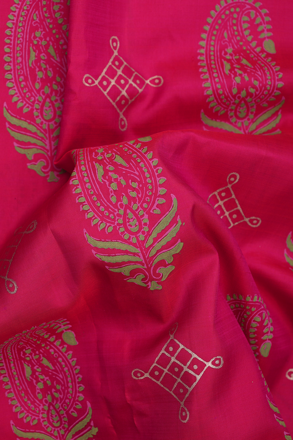 Kanchipuram Silk Saree In Rani Pink With Hand Painted Design