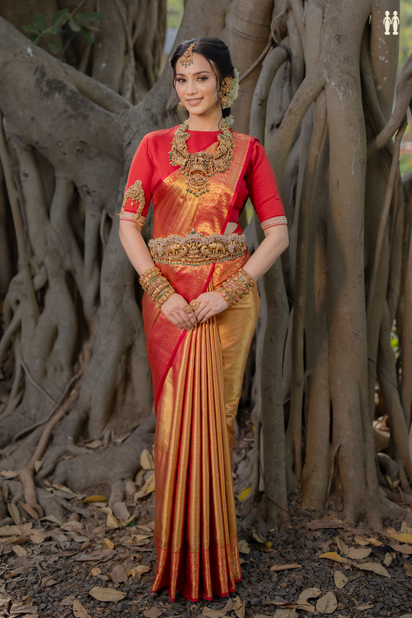Kanchipuram Silk Saree In Red With Twill Weave Design