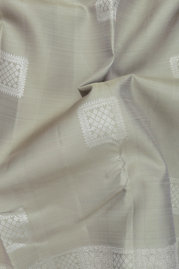 Kanchipuram Silk Saree In Dusty Green With Square Motifs