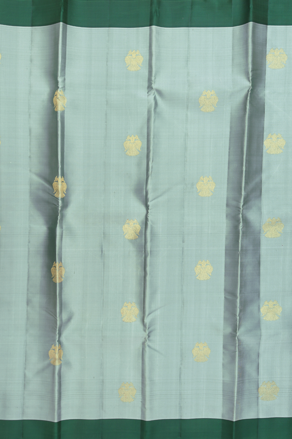 Kanchipuram Silk In Greenish Grey With Iruthalai Pakshi Buttas