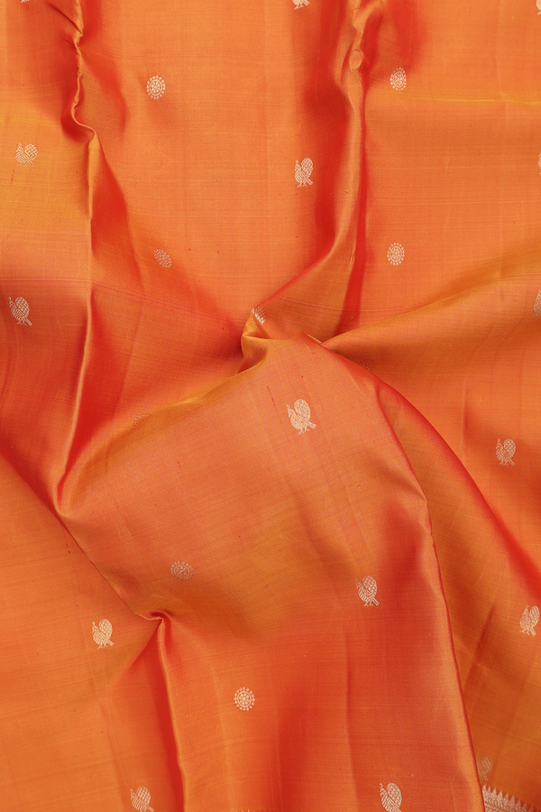 Kanchipuram Silk Saree In Orange With Peacock Buttas