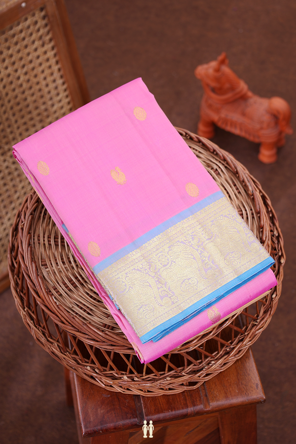 Kanchipuram Silk Saree In Lotus Pink With Peacock Buttas