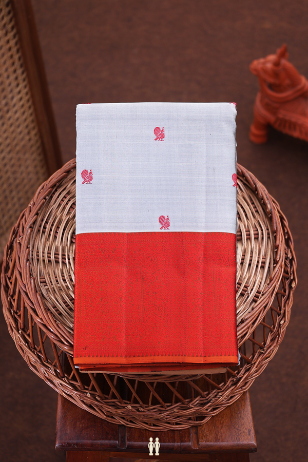 Kanchipuram Silk Saree In Grey With Peacock Buttas