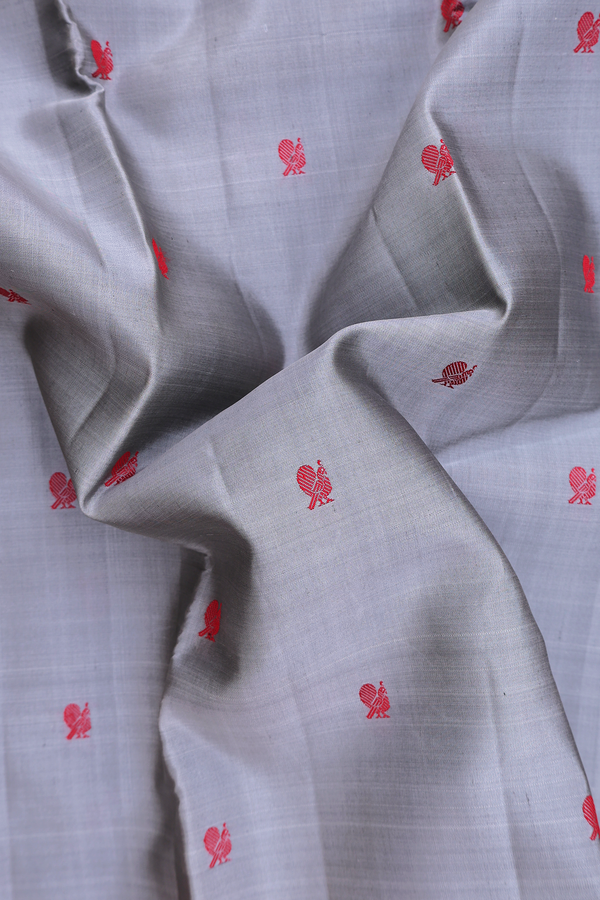 Kanchipuram Silk Saree In Grey With Peacock Buttas