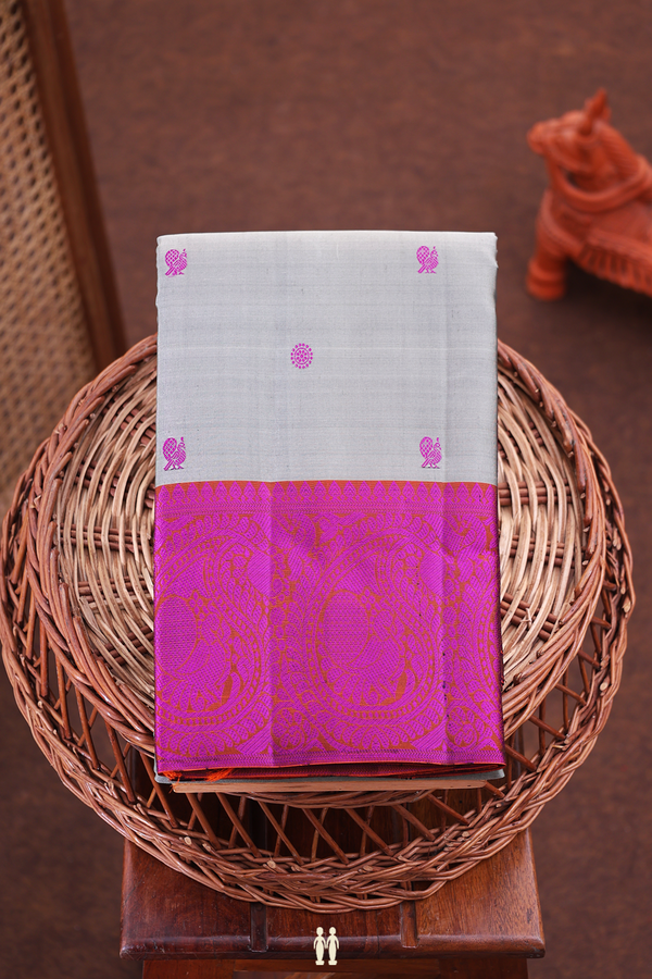 Kanchipuram Silk Saree In Grey With Peacock Buttas