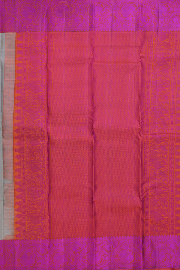 Kanchipuram Silk Saree In Grey With Peacock Buttas