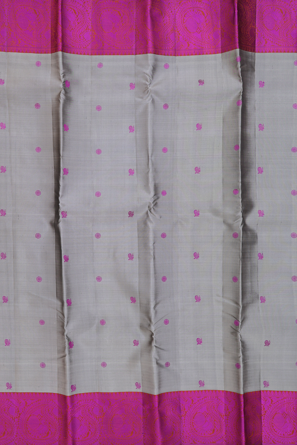 Kanchipuram Silk Saree In Grey With Peacock Buttas