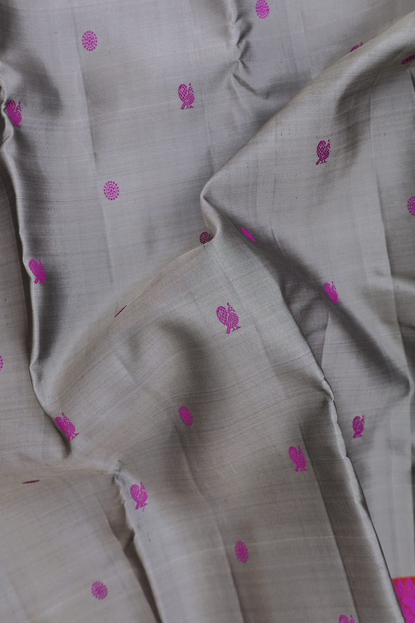 Kanchipuram Silk Saree In Grey With Peacock Buttas