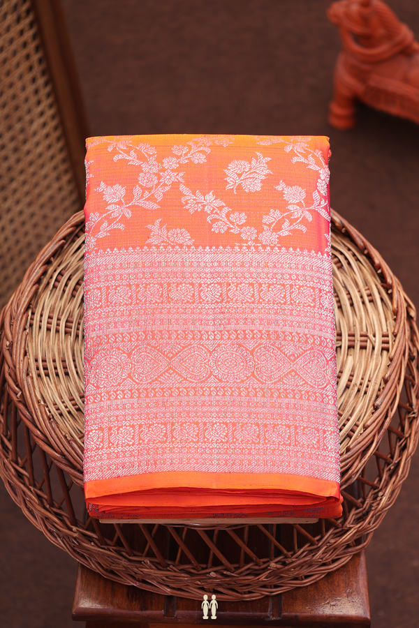Kanchipuram Silk Saree In Coral Orange With Brocade Design