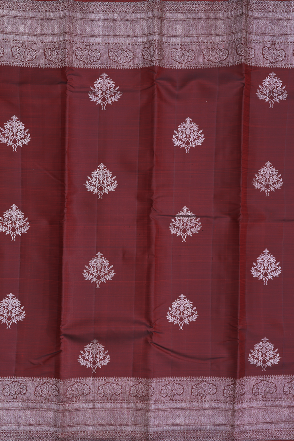 Kanchipuram Silk Saree In Dark Maroon With Tree Motifs