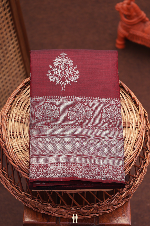 Kanchipuram Silk Saree In Dark Maroon With Tree Motifs