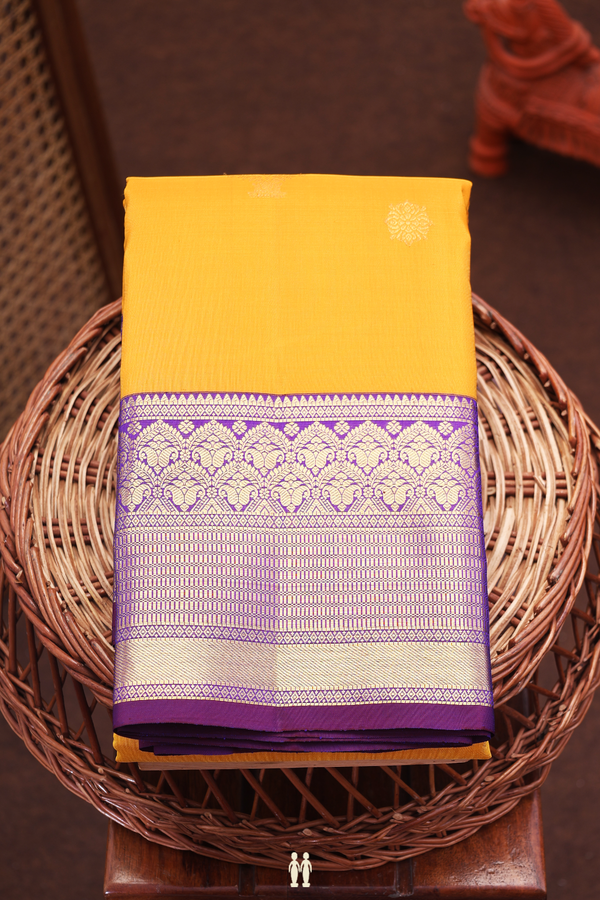 Kanchipuram Silk Saree In Mustard Yellow With Zari Motifs