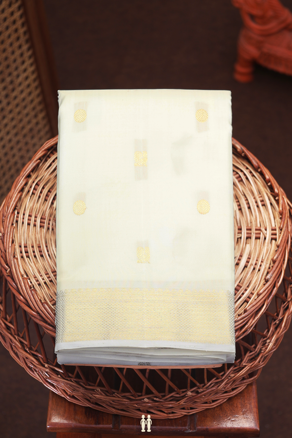 Kanchipuram Silk Saree In White With Peacock Buttas
