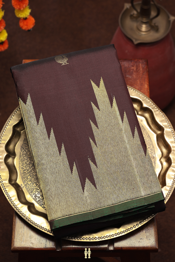 Kanchipuram Silk Saree In Coffee Brown With Peacock Buttas