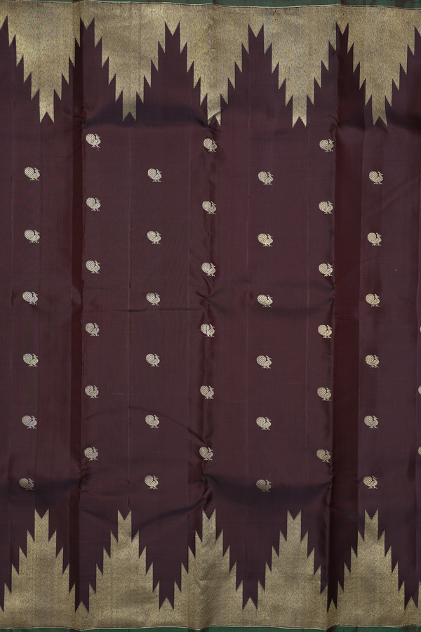 Kanchipuram Silk Saree In Coffee Brown With Peacock Buttas
