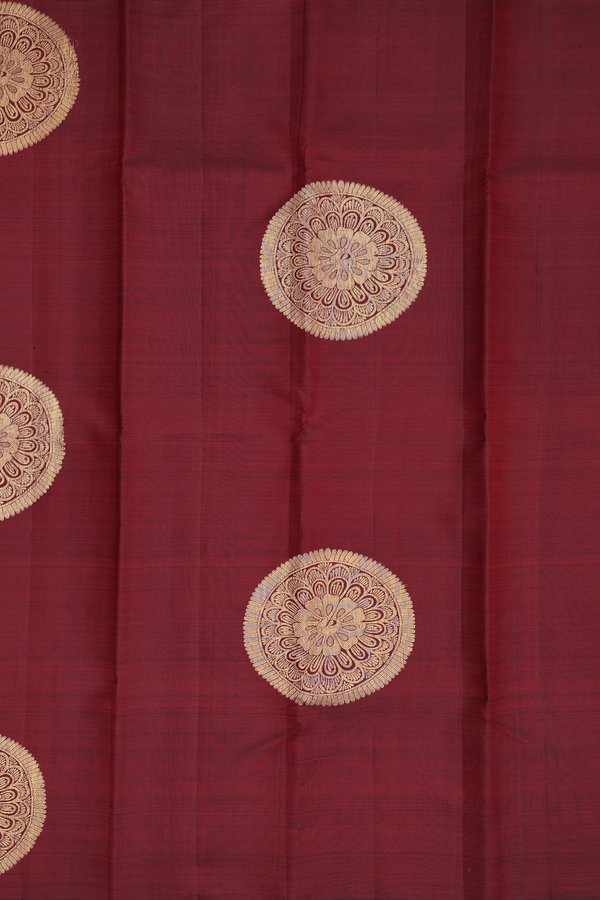 Kanchipuram Silk Saree In Burgundy Red With Zari Motifs