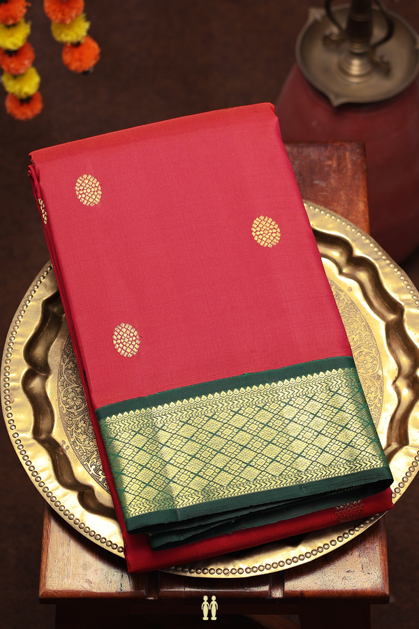 Kanchipuram Silk Saree In Ruby Red With Zari Buttas
