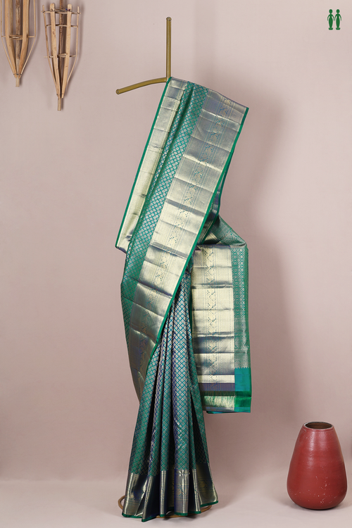 Kanchipuram Silk Saree In Peacock Blue With Brocade Design