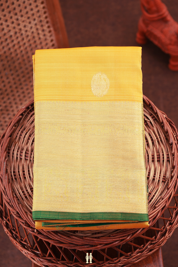 Kanchipuram Silk Saree In Yellow With Peacock Buttas