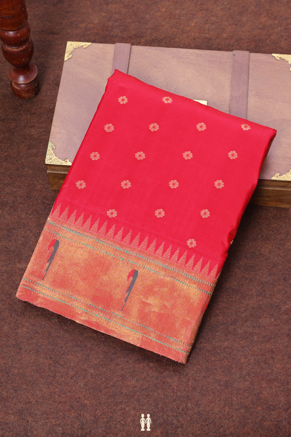 Paithani Silk Saree In Scarlet Red With Floral Buttas