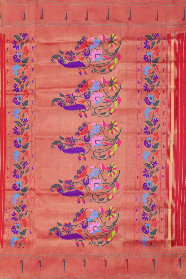 Paithani Silk Saree In Scarlet Red With Floral Buttas