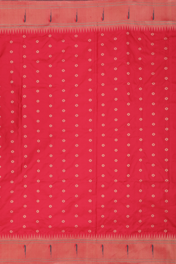 Paithani Silk Saree In Scarlet Red With Floral Buttas