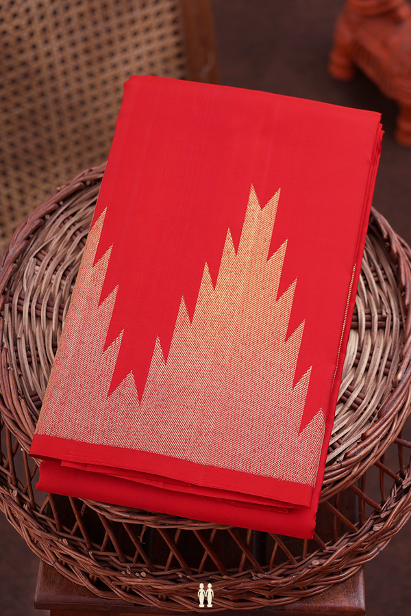Kanchipuram Silk Saree In Vermillion Red With Temple Border