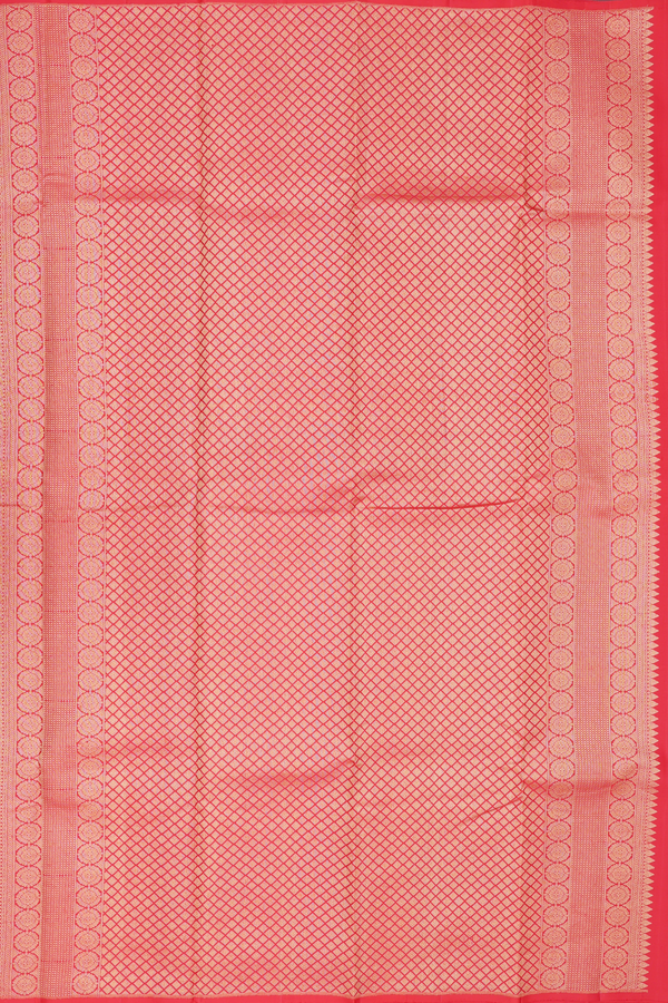 Kanchipuram Silk Saree In Vermillion Red With Temple Border