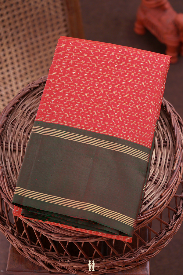 Kanchipuram Silk Saree In Scarlet Red With Checks Design