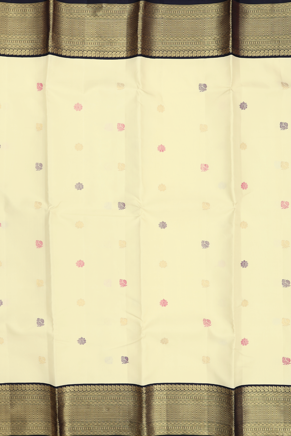Kanchipuram Silk Saree In Off White With Peacock Buttas