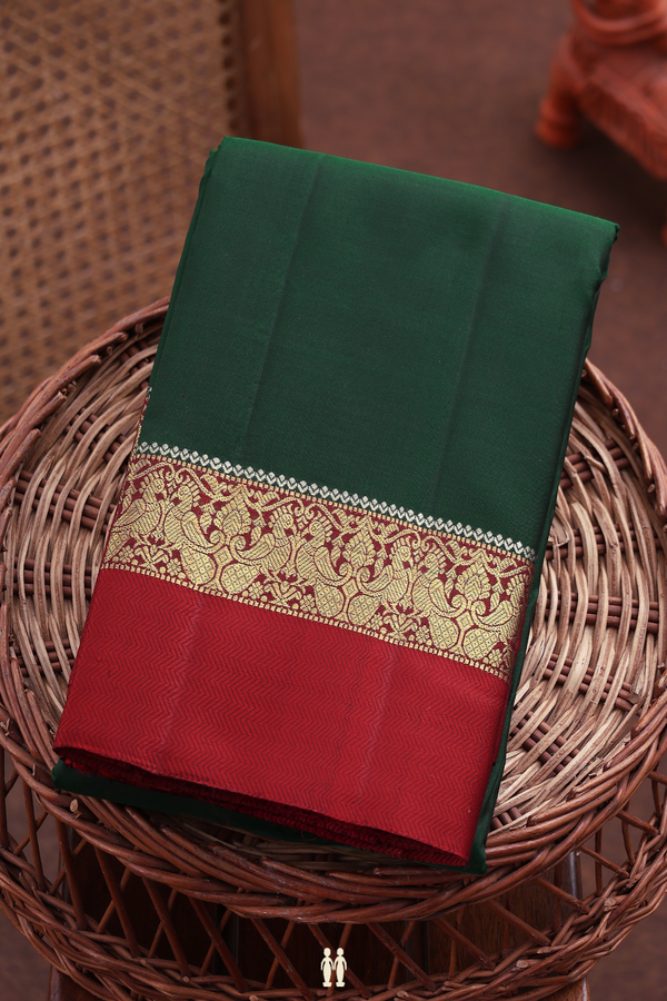 Kanchipuram Silk Saree In Forest Green With Chevron Border