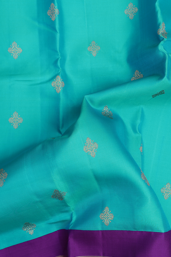 Kanchipuram Silk Saree In Greenish Blue With Zari Buttas