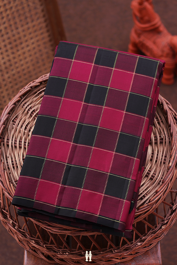 Kanchipuram Silk Saree In Black And Red With Checks Design