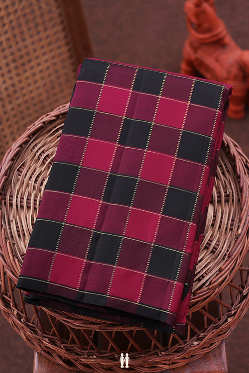 Kanchipuram Silk Saree In Black And Red With Checks Design
